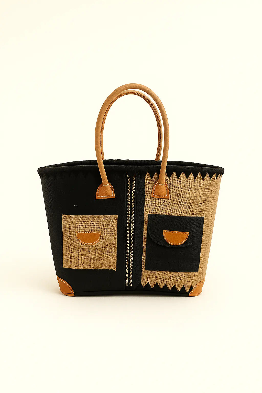 Panier Élégance 2 Poches – Finition cuir & tressage bicolore Le Grenier de la Presqu'ile