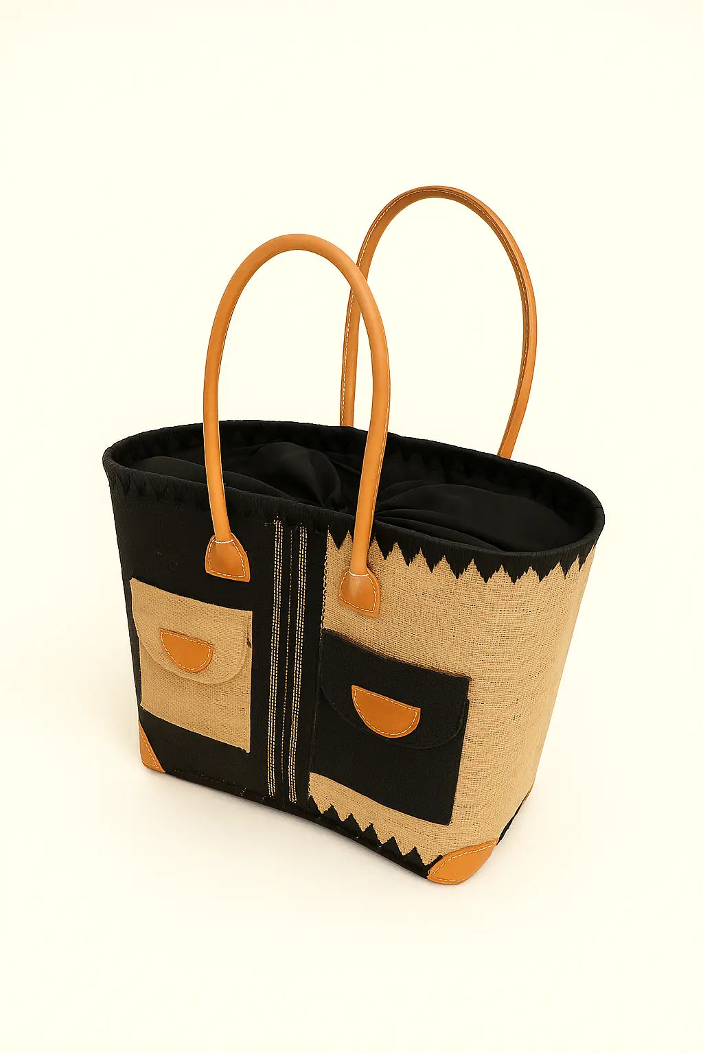 Panier Élégance 2 Poches – Finition cuir & tressage bicolore Le Grenier de la Presqu'ile