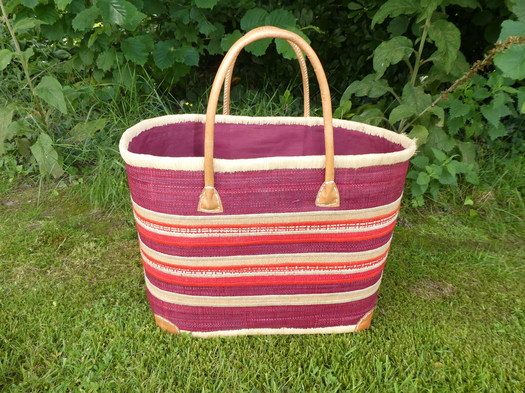 Panier cabas tressé bordeaux naturel – sac de marché  plage fait main, tailles M & L Le Grenier de la Presqu'ile
