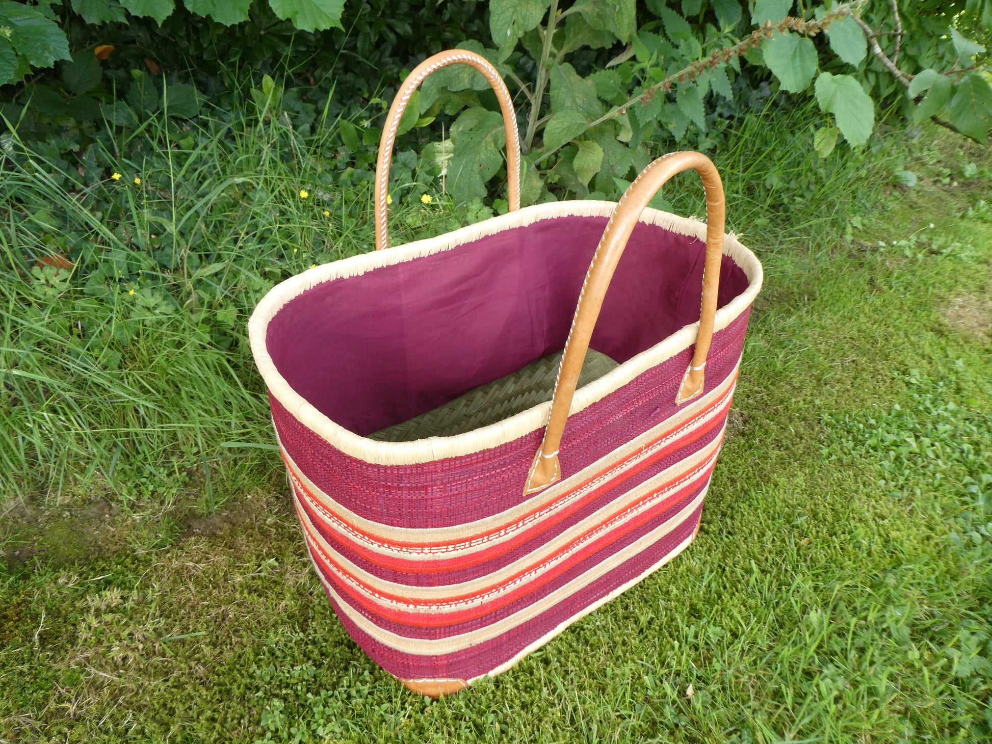 Panier cabas tressé bordeaux naturel – sac de marché  plage fait main, tailles M & L Le Grenier de la Presqu'ile