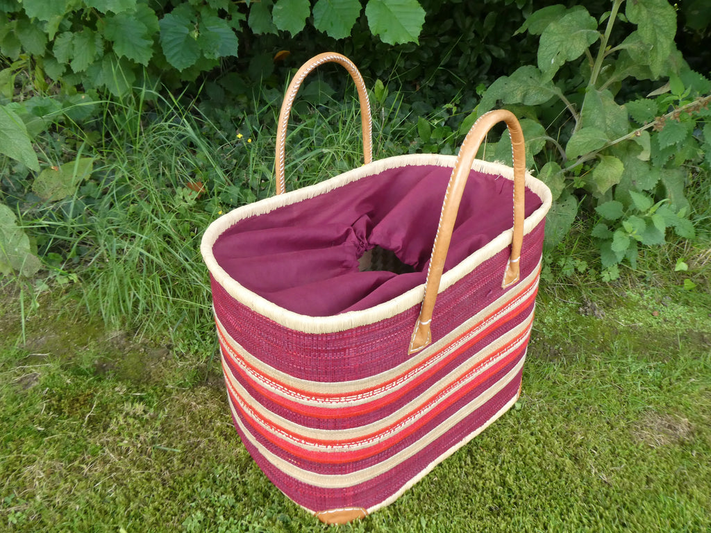 Panier cabas tressé bordeaux naturel – sac de marché  plage fait main, tailles M & L Le Grenier de la Presqu'ile
