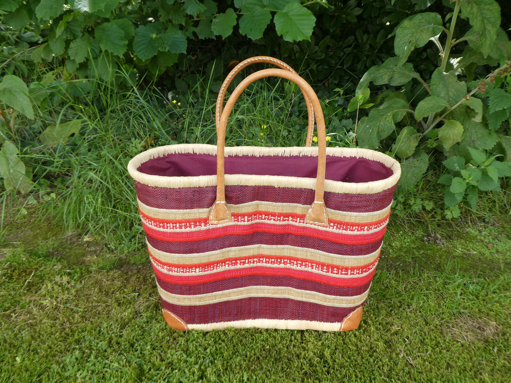 Panier cabas tressé bordeaux naturel – sac de marché  plage fait main, tailles M & L Le Grenier de la Presqu'ile