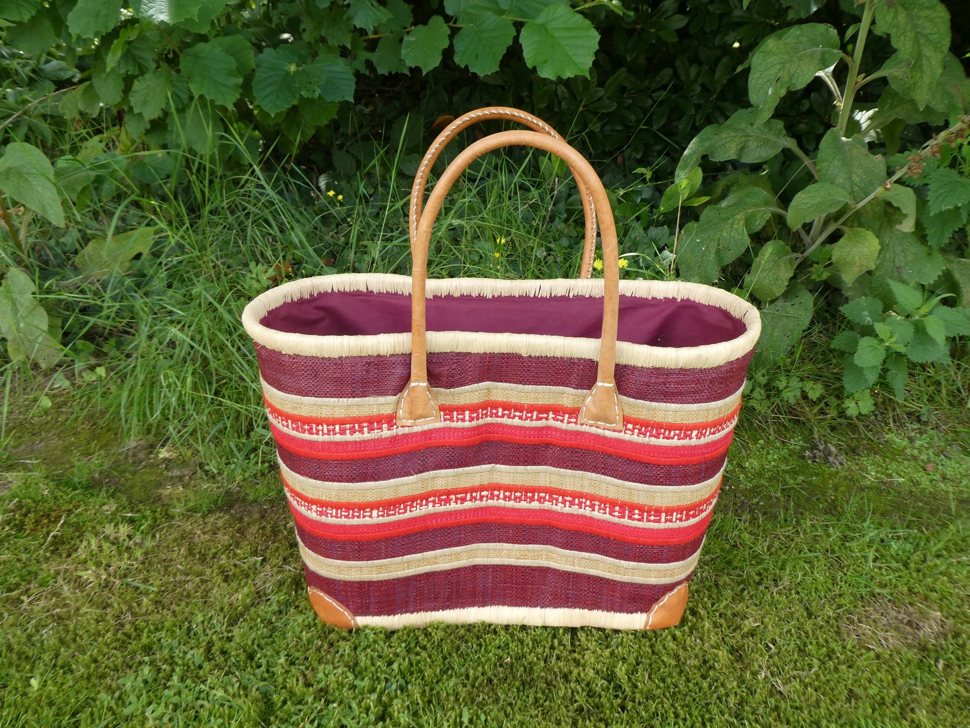 Panier cabas tressé bordeaux naturel – sac de marché  plage fait main, tailles M & L Le Grenier de la Presqu'ile