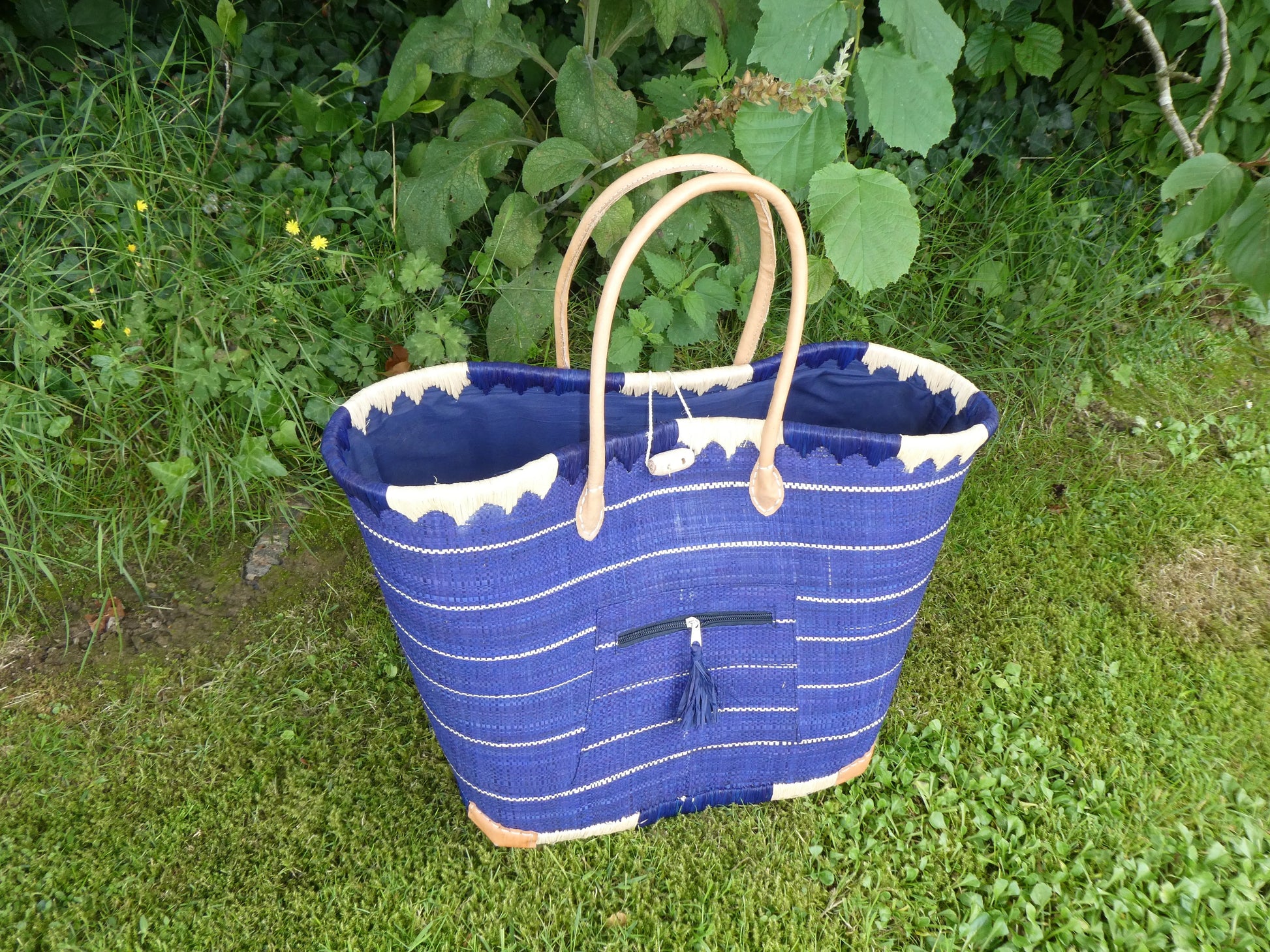 Playa feuille de palmier & rabane bleu marine – sac de marché / plage fait main Le Grenier de la Presqu'ile